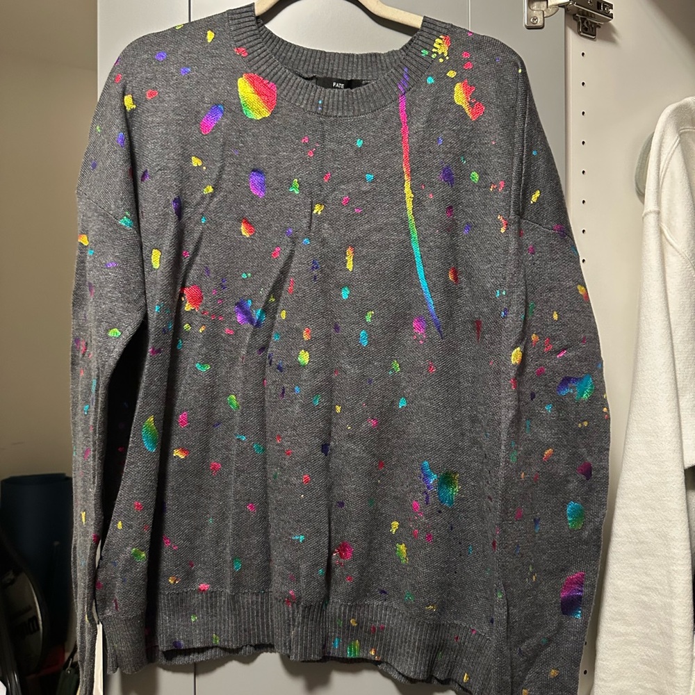 Gray sweater - splashes of color